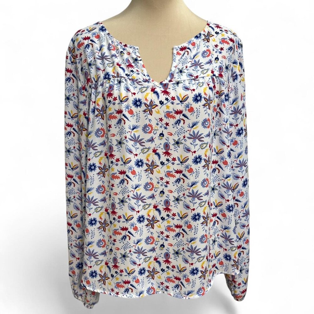 Gap White Floral Print Long Sleeve Sheer Top (L)